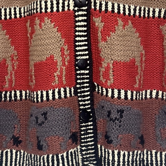 VTG 90s Knit Safari Chunky Cardigan Animals Artsy‎ Ramie Cotton Tunic Length L - Picture 3 of 10